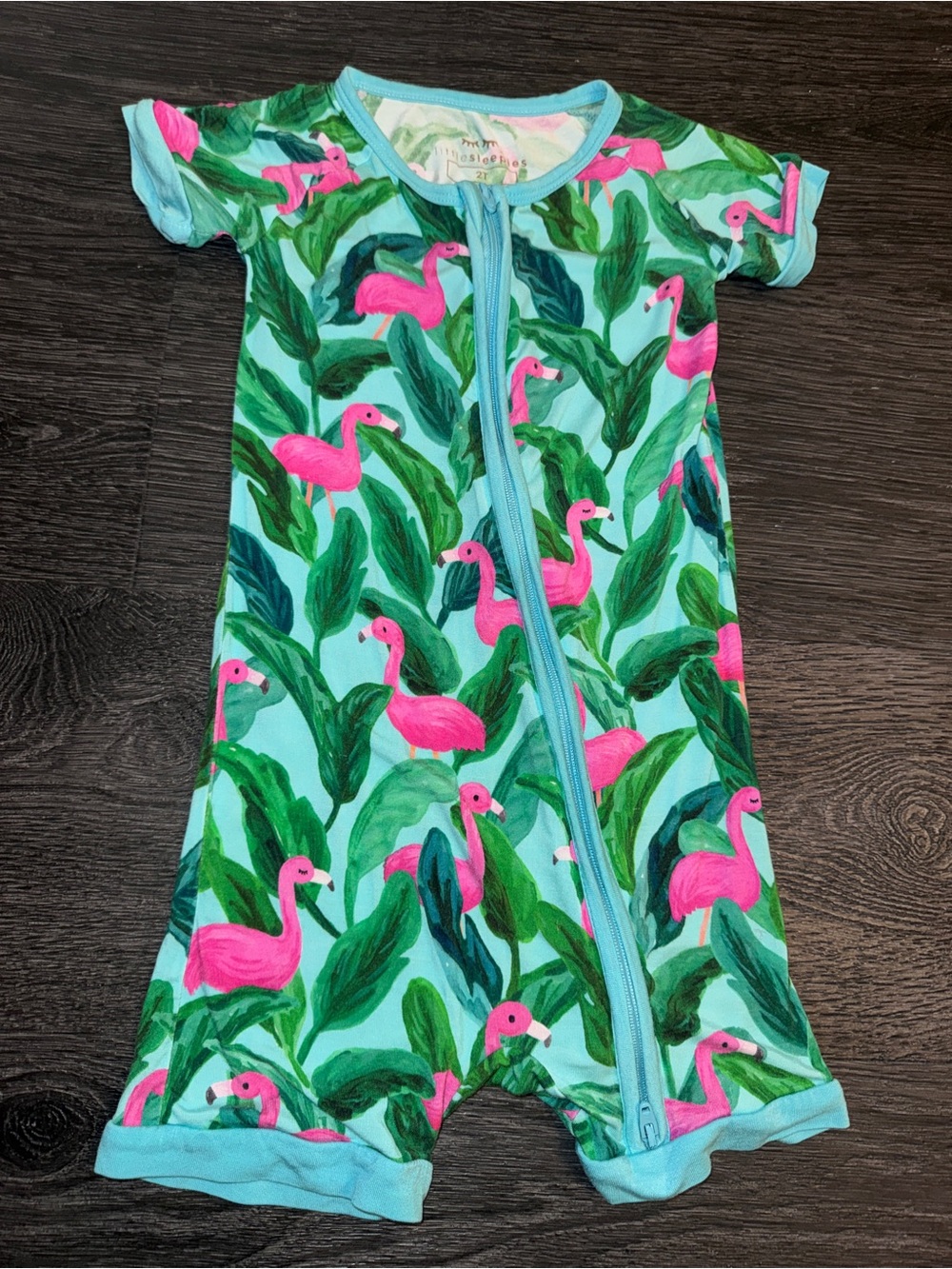🦩Little Sleepies Bambo Shorty Zippy 2T- Pink Flamingo on Aqua
